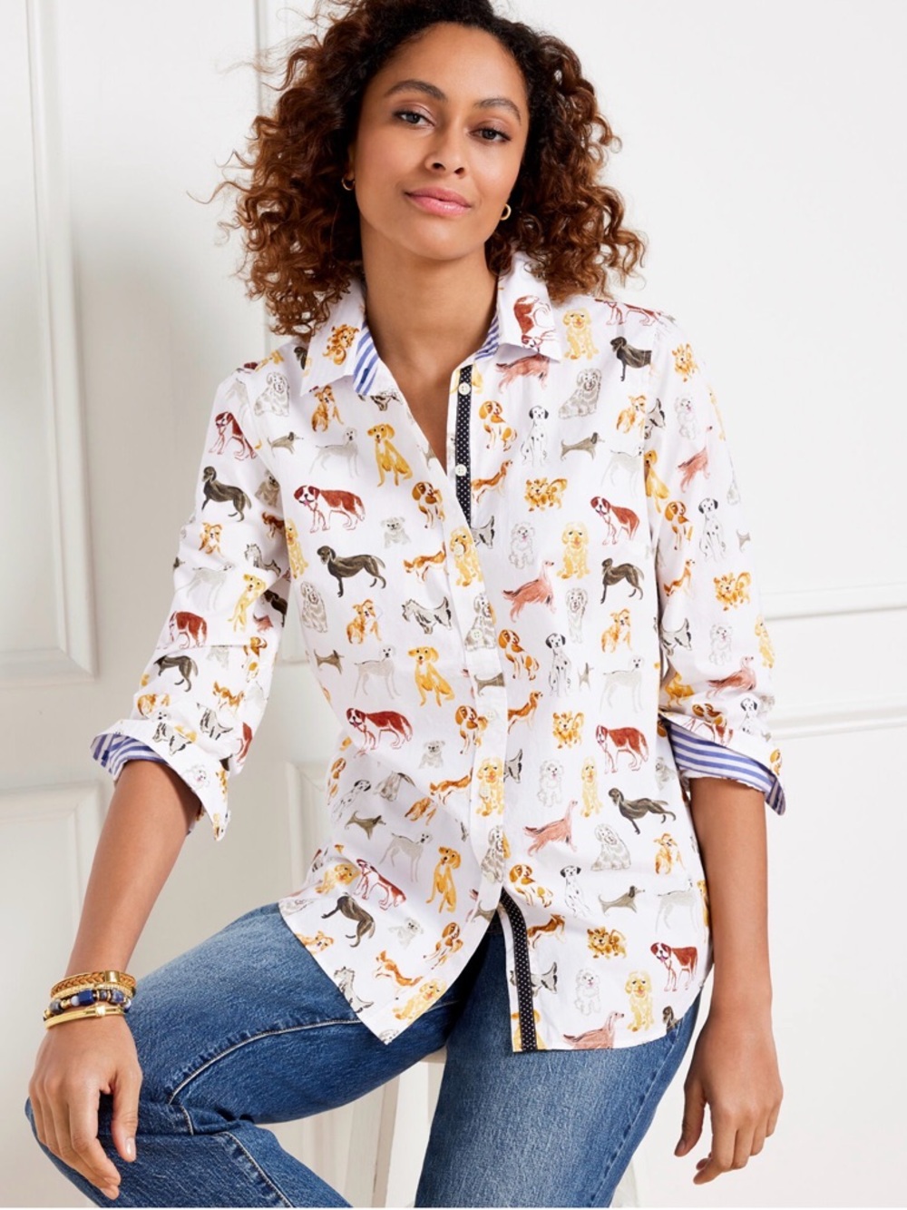 Talbots White Button-Up Shirt with Multicolor Dog Print
